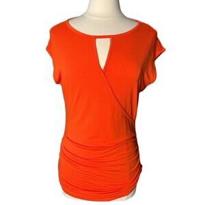 Vince Camuto Ruched Summer Knit Top Large Orange Cap Sleeve Keyhole